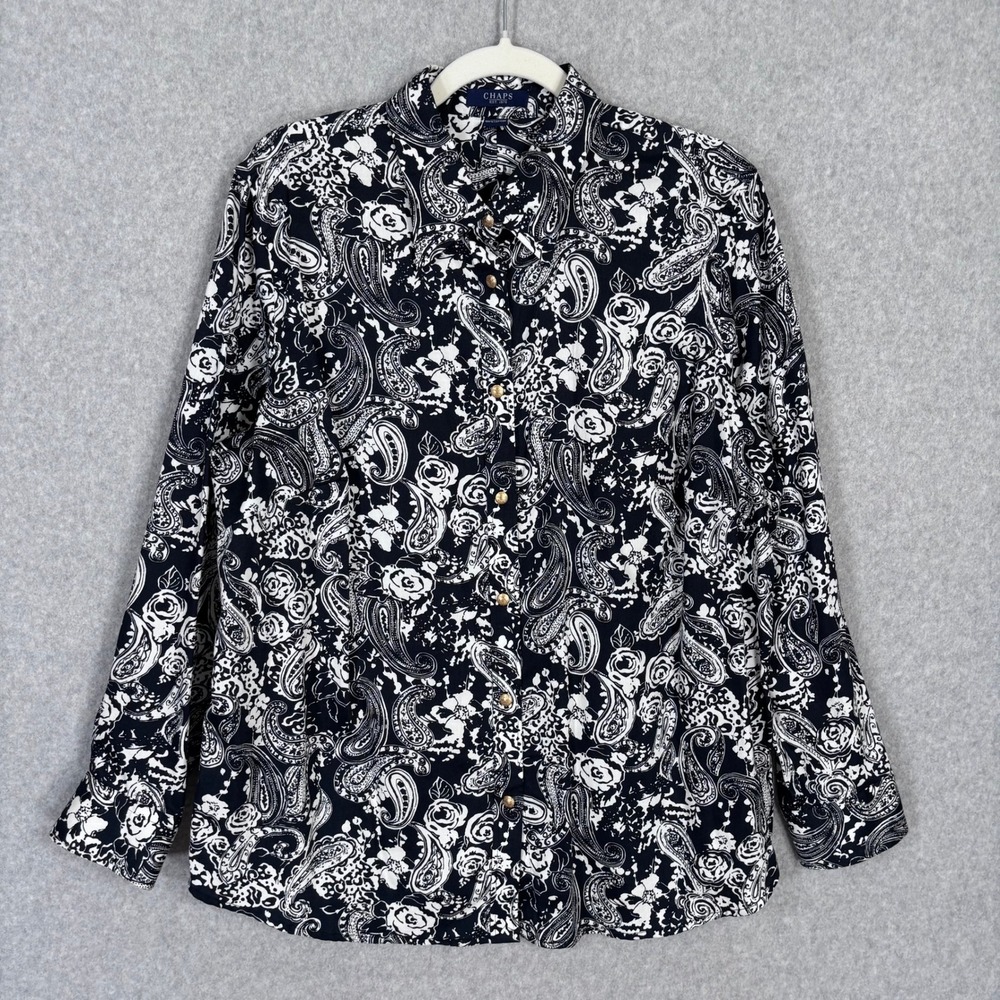 Chaps Shirt 1X Navy White Paisley Cotton Gold Buttons Equestrian Old Money